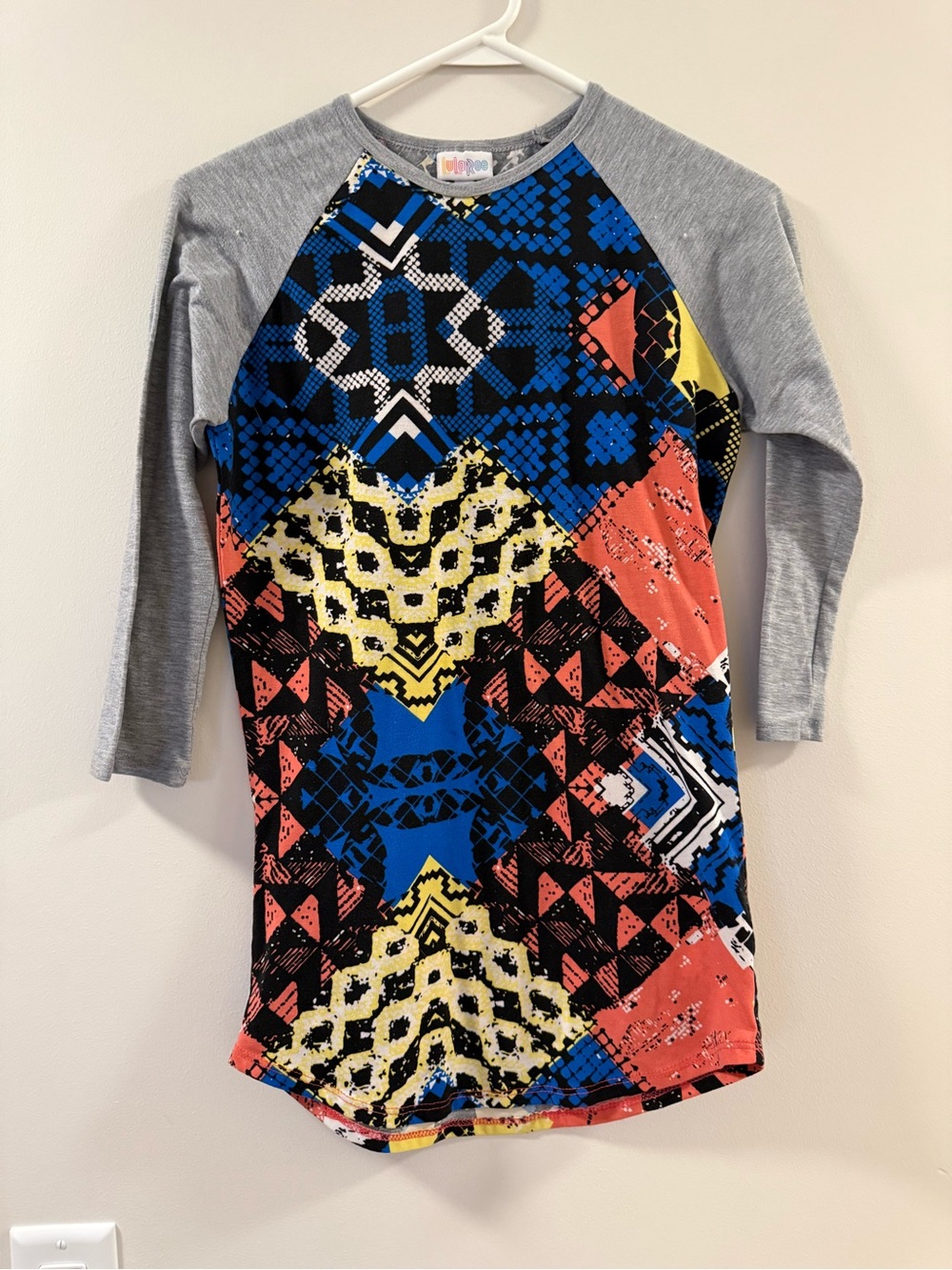 LuLaRoe womens Long Sleeve Raglan Top - Blue, Yellow, Coral, Black, Gray